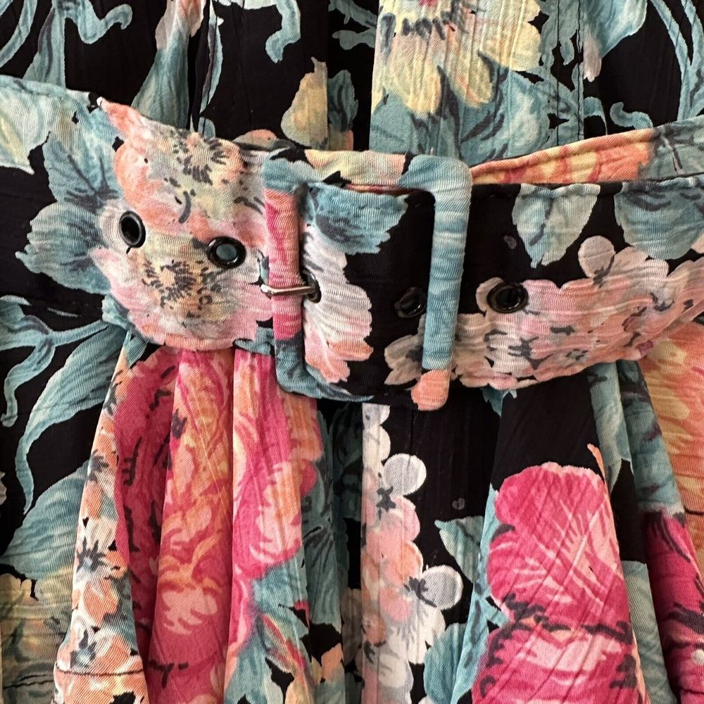 Vintage Karen Alexander Pintuck Ruffle Peplum Floral Viscose BeltedSlit Dress 10 - Picture 4 of 16